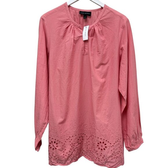 LANE BRYANT Pink Peasant Blouse Size 16 Cotton Eyelet Long Sleeve Womens Top NWT - Picture 1 of 9